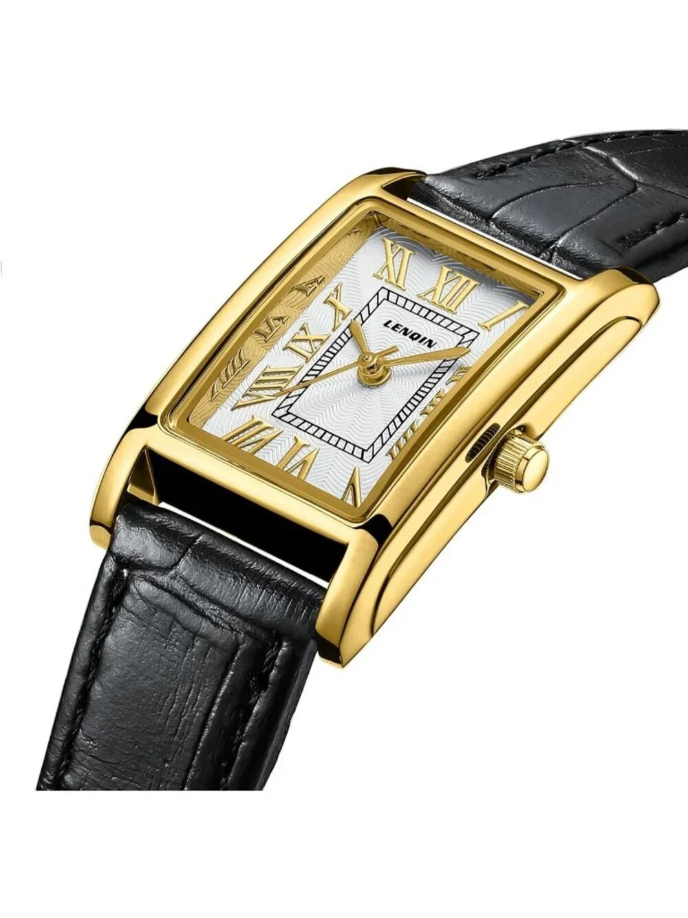 Ln Lenqin Womens Black White Analog Quartz Leather Strap Rectangular Wrist Watch